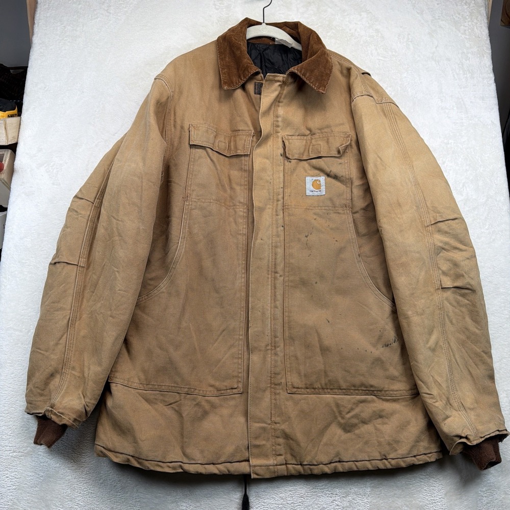 Vintage Carhartt Duck Canvas Work Jacket Mens XL Brown Quilted Corduroy Collar